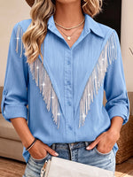 Women Collar Roll‑tab Long Sleeve Western Rhinestone Fringe Button‑down Shirt Blouse