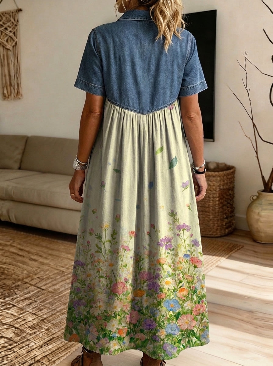 Women’s Denim Spliced Gradient Wildflower Print Shirt Midi Dress With Pockets