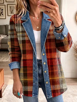 Retro Plaid Pattern Art Casual Denim Patchwork Stylish Long Sleeve Coat