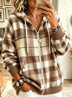 Women's Plaid Knit Full-Zip Hooded Cardigan
