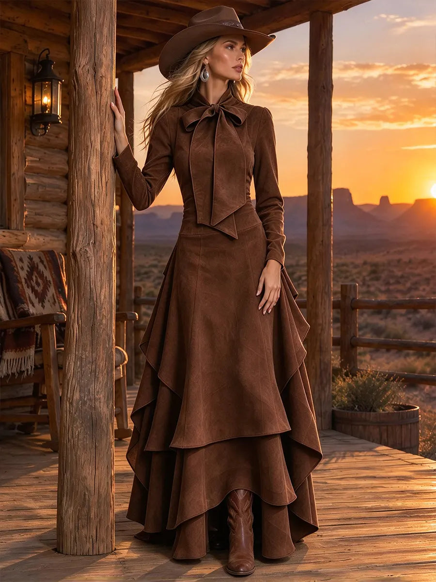 Women's Western Bow Tie Neck Long Sleeve Tiered Ruffle Irregular Hem Slim Fit Maxi Dress