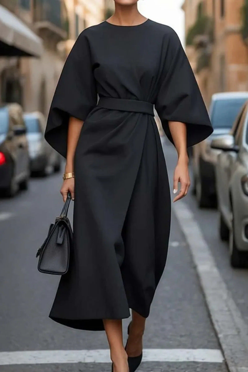 Women Elegant Red Batwing Sleeve Belted Midi Dress