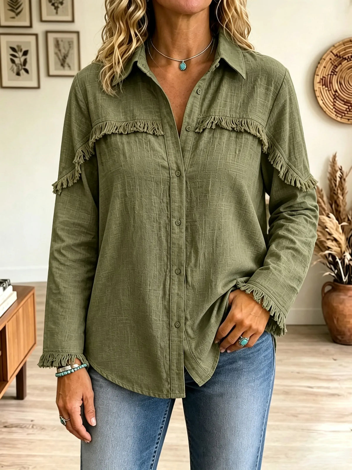 Women's Fringe Trim Button-Down Shirt