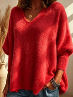 Oversized Fuzzy Mohair‑Style V‑Neck Sweater, Women Batwing Loose Soft Knit Pullover