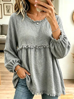 Vintage Elegant Cotton And Linen Frayed Edge Patchwork Long Sleeve Shirt