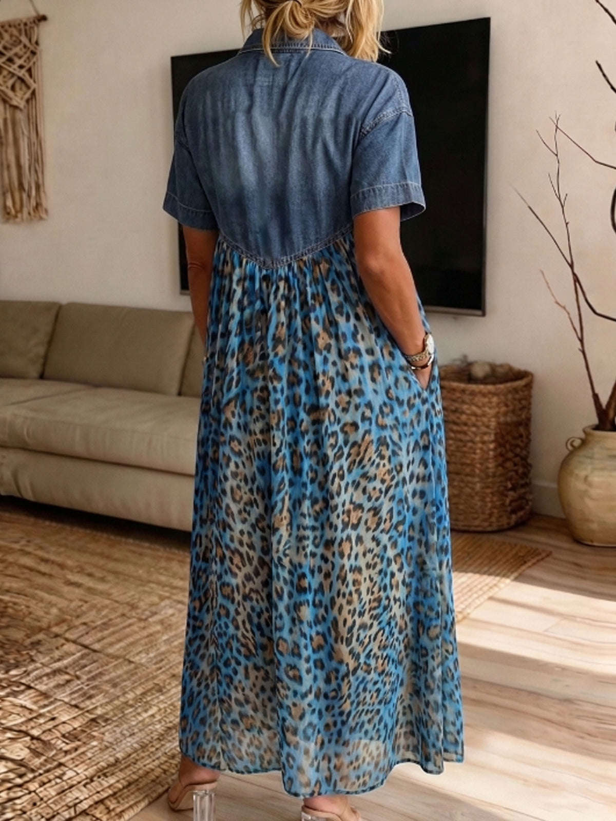 Women’s Denim Spliced Blue Leopard Print Loose Midi Dress With Pockets