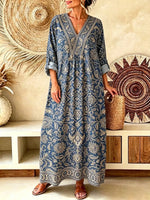 Retro Ethnic Floral Pattern Art Print Casual V-neck Cotton Linen Maxi Dress