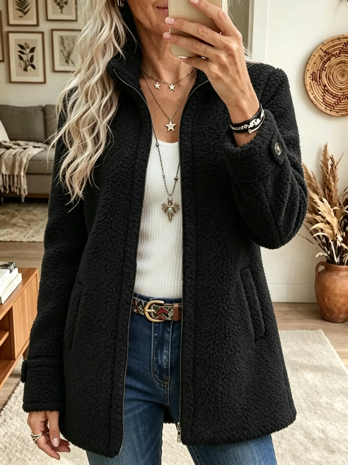 Women's Plush Fleece Full-Zip Mid-Length Coat