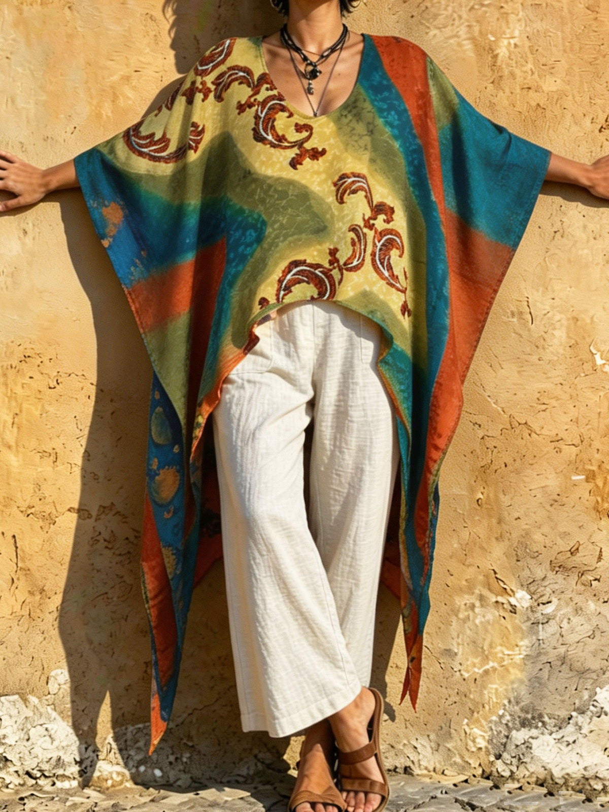 Women‘s Boho Color Block Paisley Print Batwing Irregular Hem Tunic Top