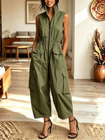 Women Sleeveless Zip Front Elastic Waist Cargo Wide Leg Jumpsuit