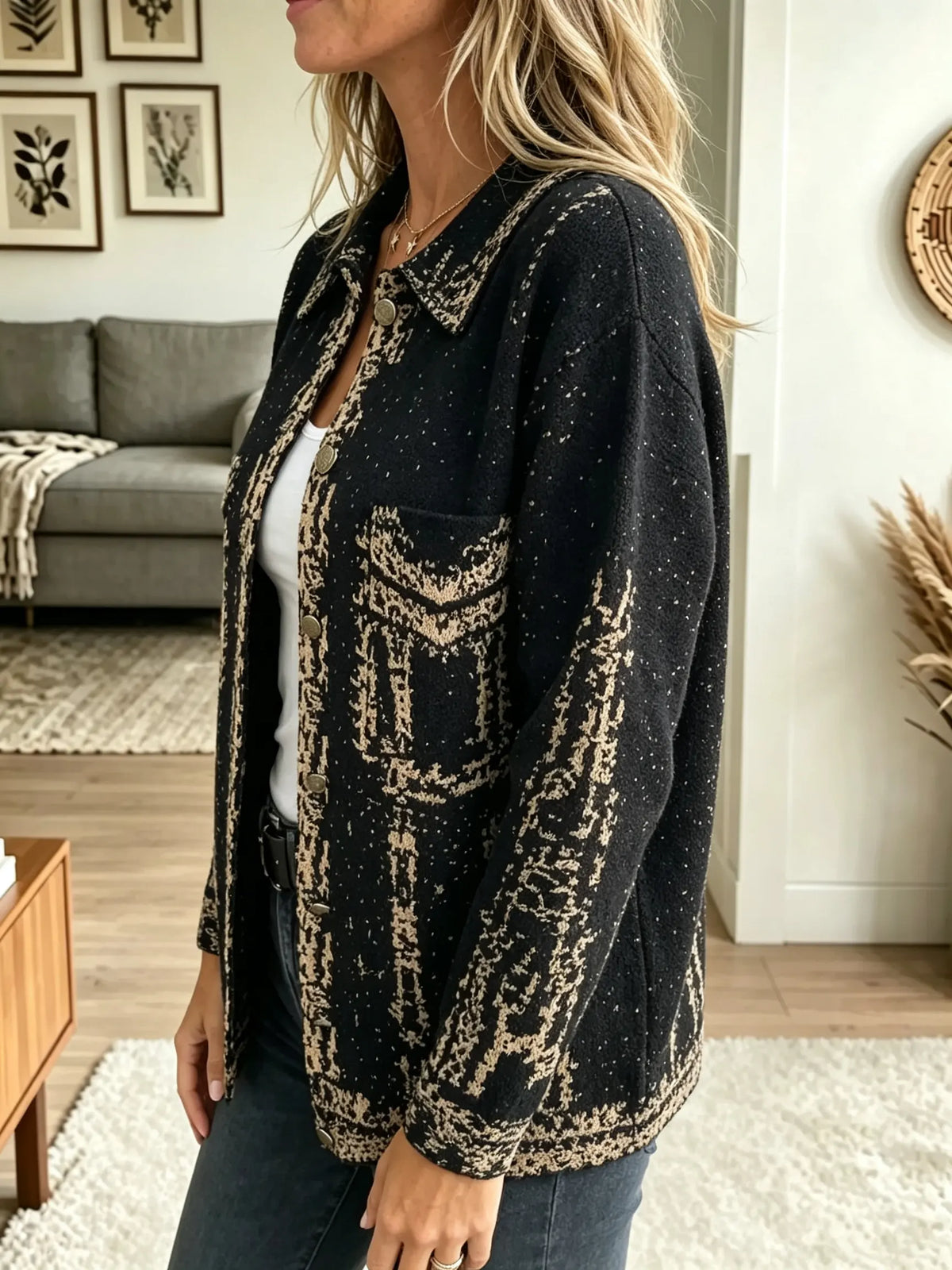 Women's Abstract Jacquard Button-Down Cardigan Jacket