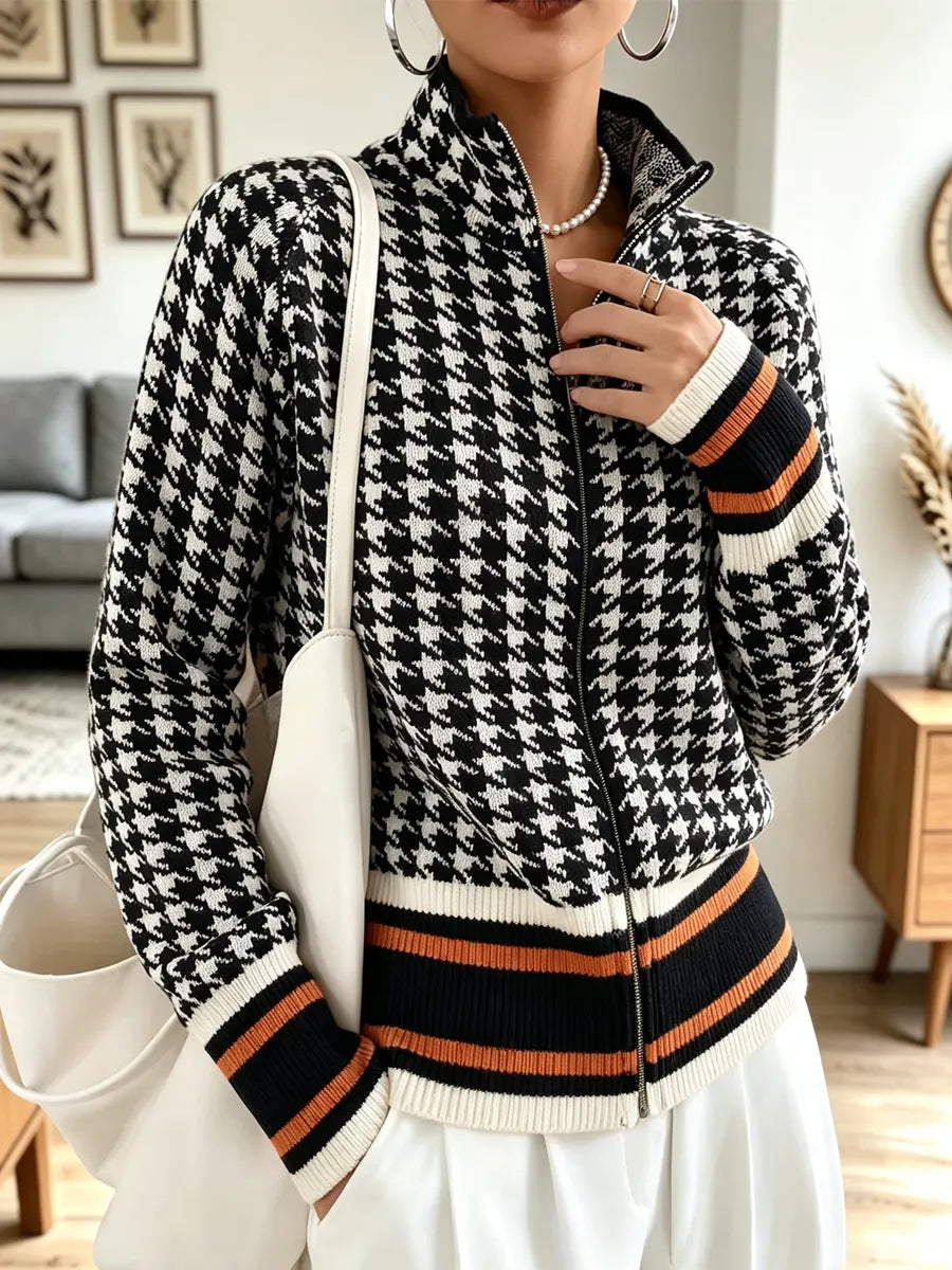Retro Plaid Pattern Zip Knit Lapel Art Casual Stylish Long Sleeve Cardigan Sweater Coat