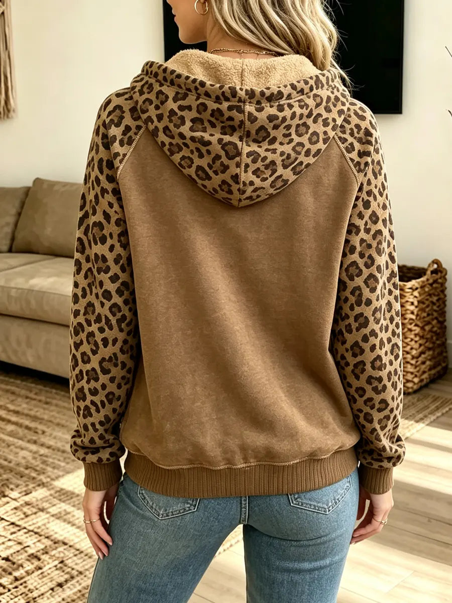 Retro Leopard Zip Fleece Hooded Art Casual Stylish Long Sleeve Sweatshirt