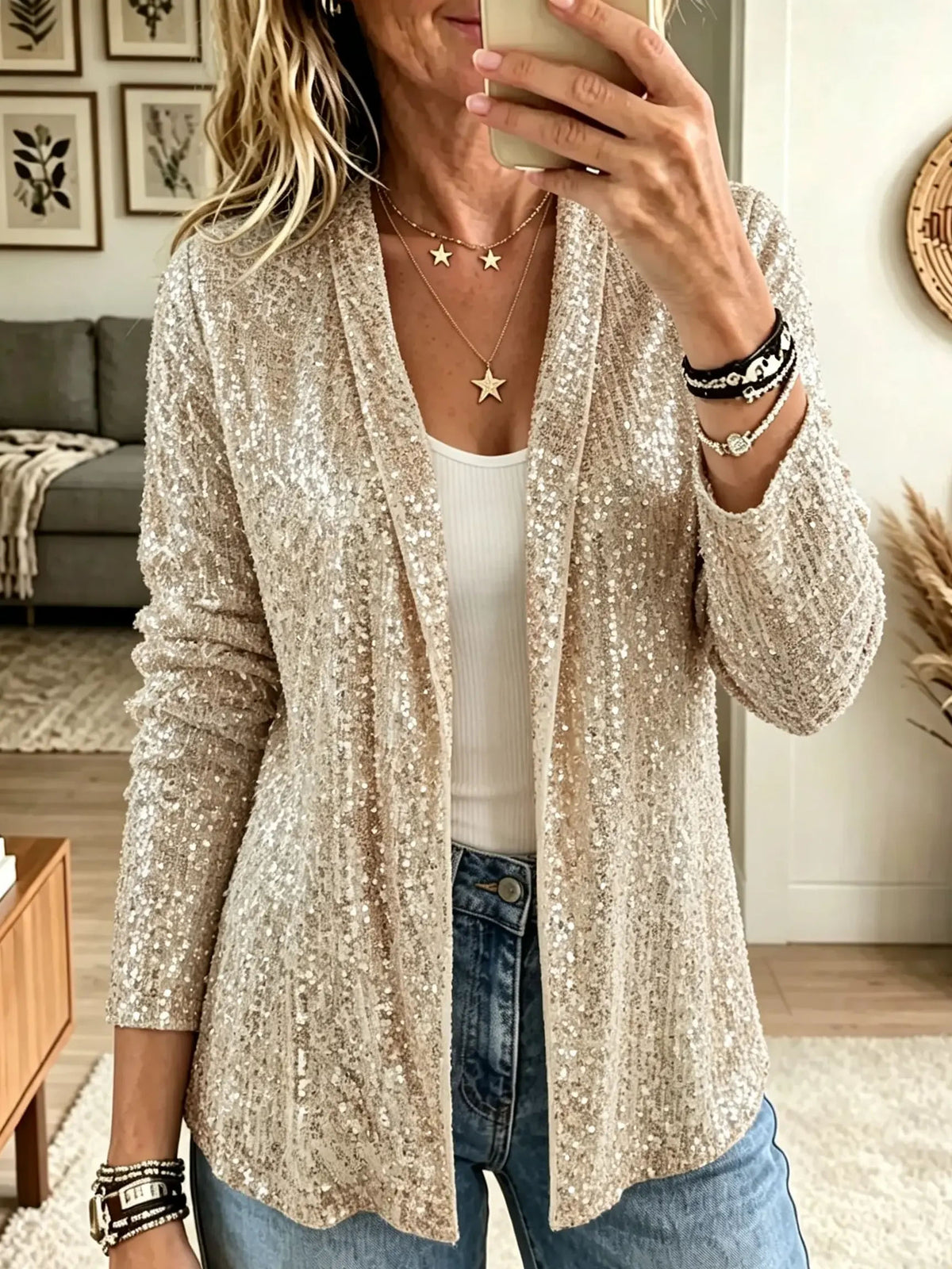 Women's Sequin Open-Front Blazer Cardigan