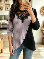 Elegant Floral Lace Patchwork Knit Art Casual Stylish Long Sleeve Top