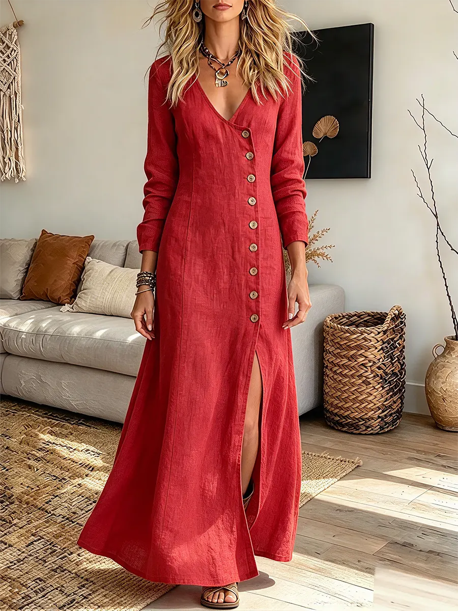Vintage Elegant Cotton-linen buttons Dress