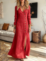 Vintage Elegant Cotton-linen buttons Dress