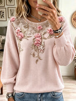 Women's 3D Floral Print Waffle Knit Sweater
