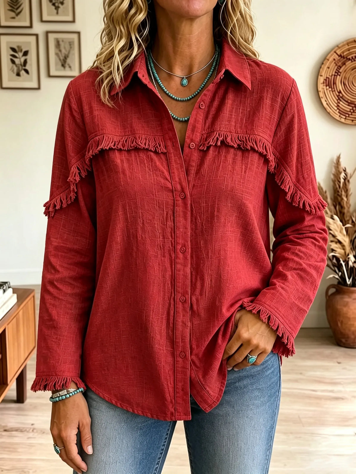 Women's Fringe Trim Button-Down Shirt
