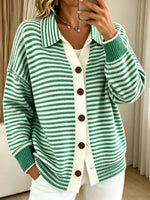 Collared Stripe Button‑Down Knit Cardigan, Women Loose Long Sleeve Pocket Sweater Jacket