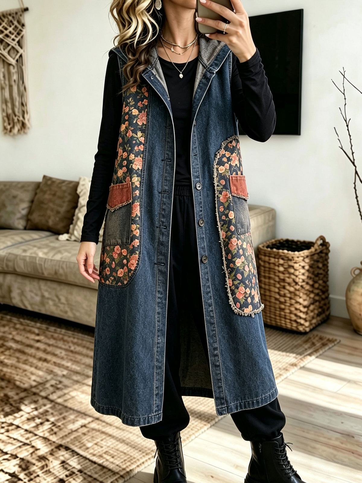 Women Floral Patchwork Denim Hooded Long Vest Button‑Front Sleeveless Waistcoat