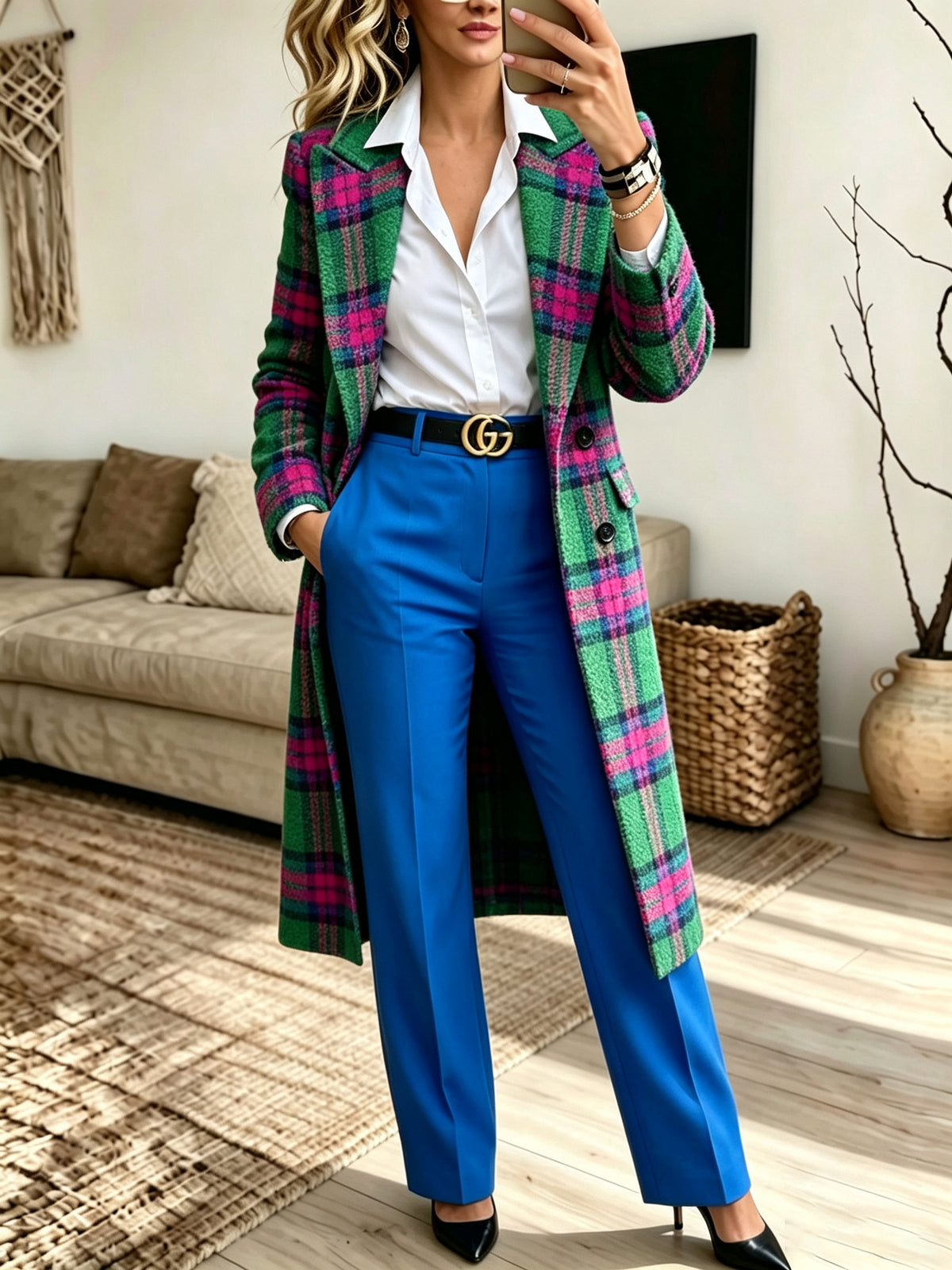 Women Vibrant Green‑Pink Plaid Notched Lapel Midi Wool Blend Coat