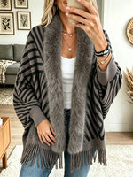 Women's Striped Faux Fur Collar Fringe Poncho Cardigan