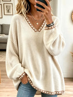 Women's Blanket Stitch Trim V-Neck Slouchy Sweater