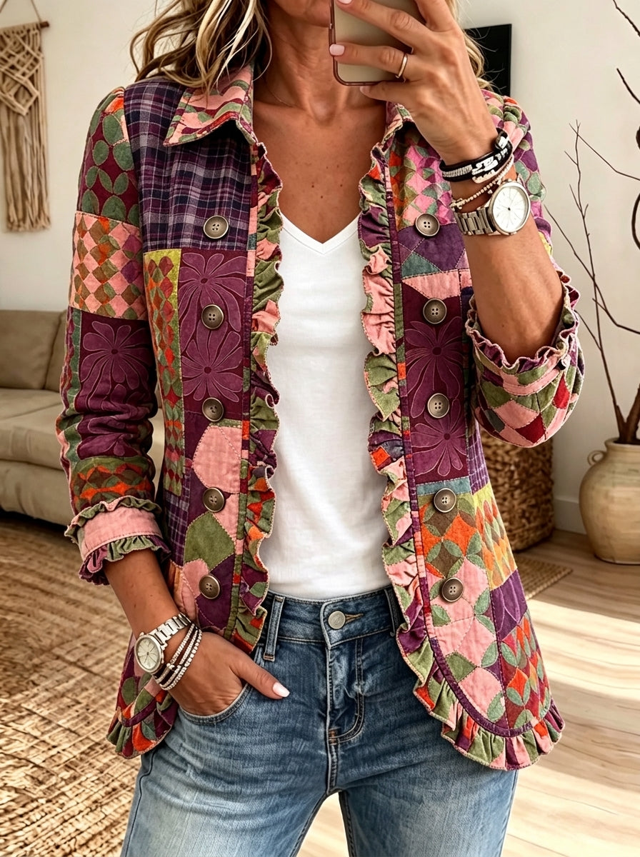 Women Boho Patchwork Floral Ruffle Trim Button Jacket