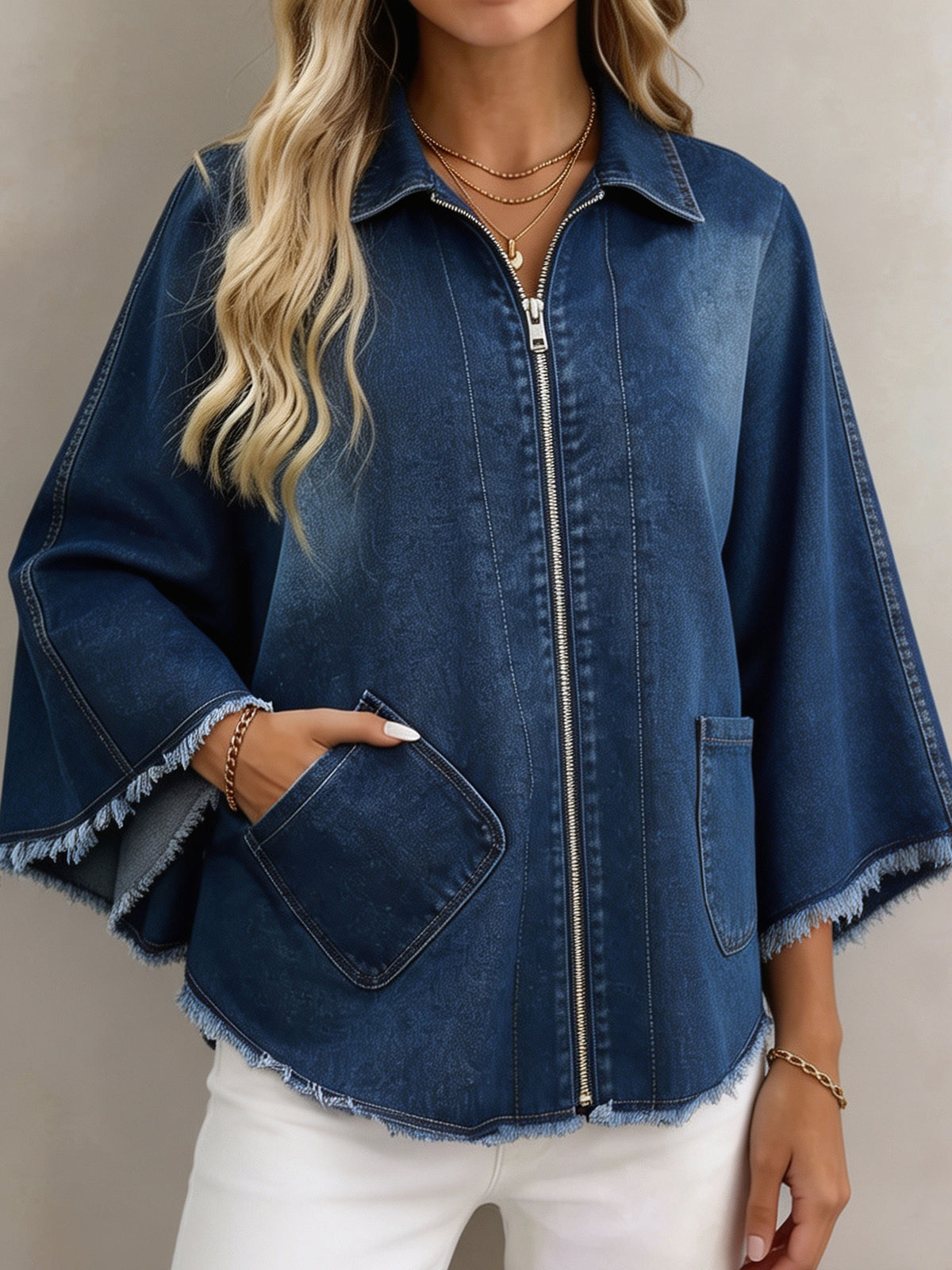 Women Zip‑Up Denim Jacket Lapel Wide 3/4 Flare Sleeve Frayed Hem Coat With Pockets