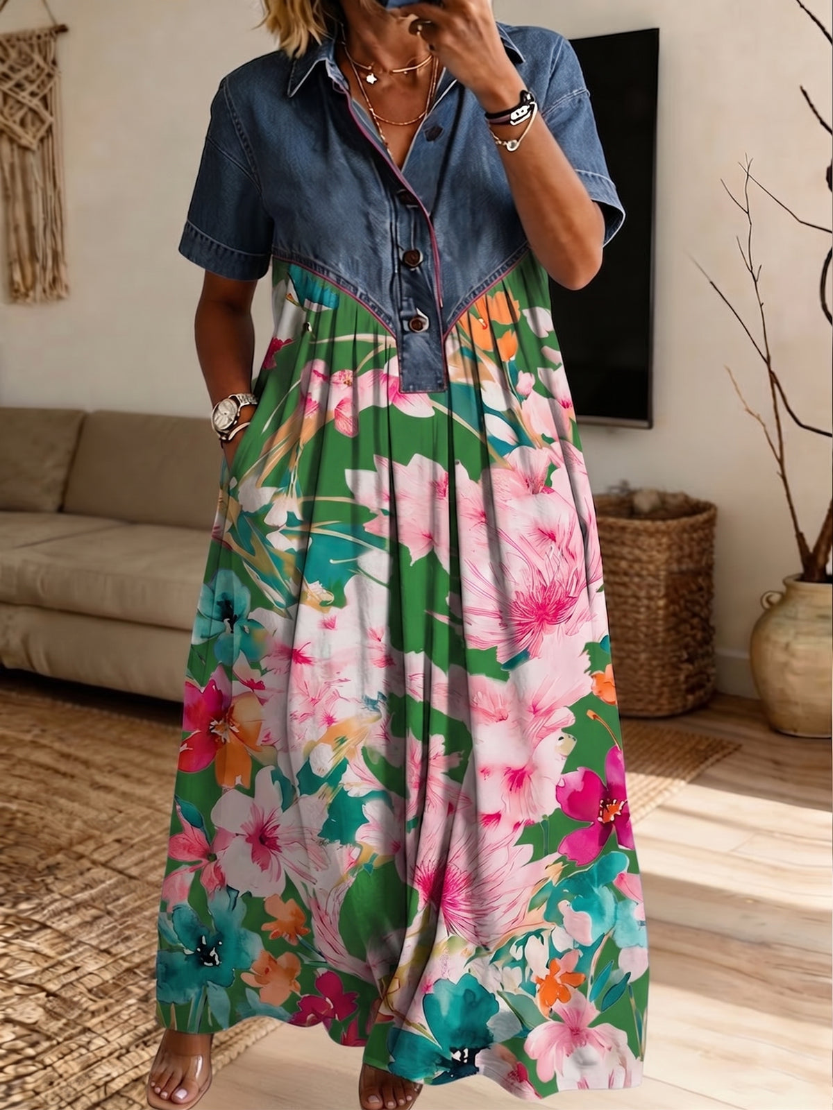 Women’s Denim Spliced Tropical Floral Print Midi Shirt Dress With Pockets
