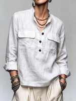 Stand Collar Half Button Pocket Linen Blend Blouse, Women Roll‑Up Long Sleeve Top