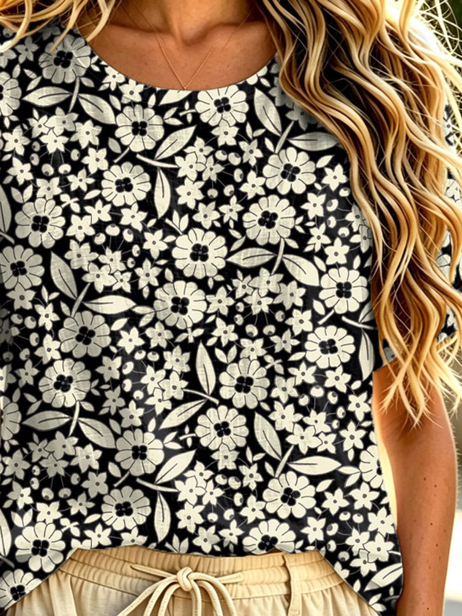 Women's Floral Pattern Art Print Casual Short Sleeve Linen T-shirt