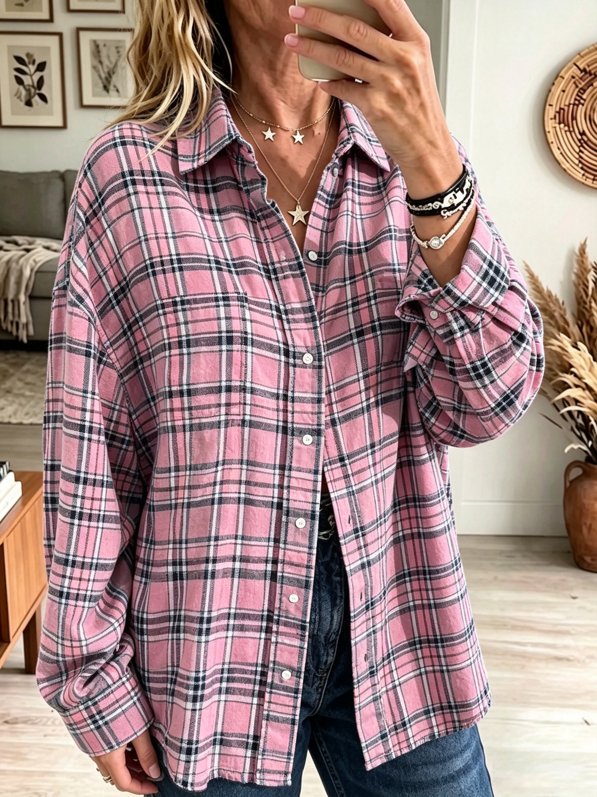 Women's Oversized Plaid Flannel Button-Down Shirt
