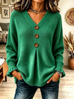 Women's Big Button Pleated V-Neck Knit Sweater