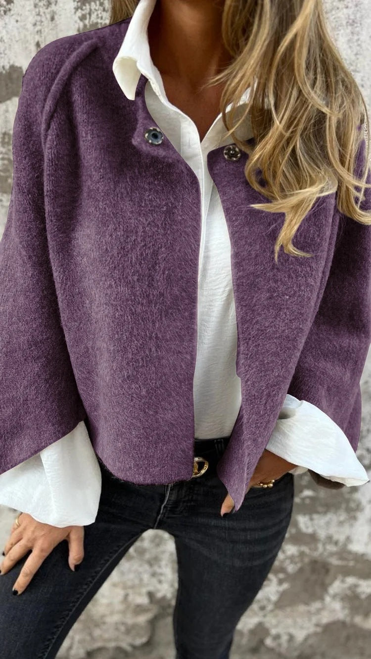 Stand Collar Snap Button Cropped Wool Blend Jacket Casual Short Coat