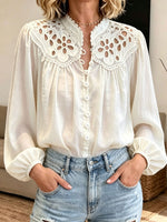 Eyelet Lace Collar Lantern Long Sleeve Blouse, Women Boho Button‑Down Casual Top