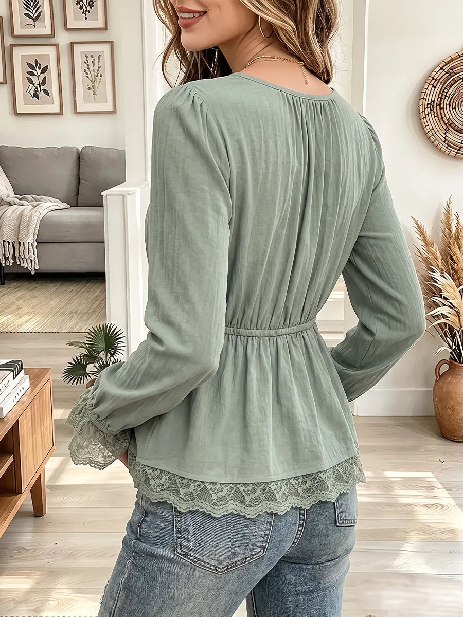 Vintage Elegant Cotton-linen Blend Patchwork Lace Shirt