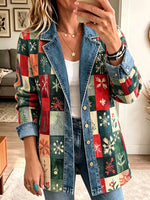 Women Lapel Button Fall Christmas Patchwork Denim Spliced Blazer Jacket Outerwear
