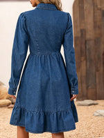 Women's Vintage Elegant Denim Long-sleeved Ruffled Button Dress