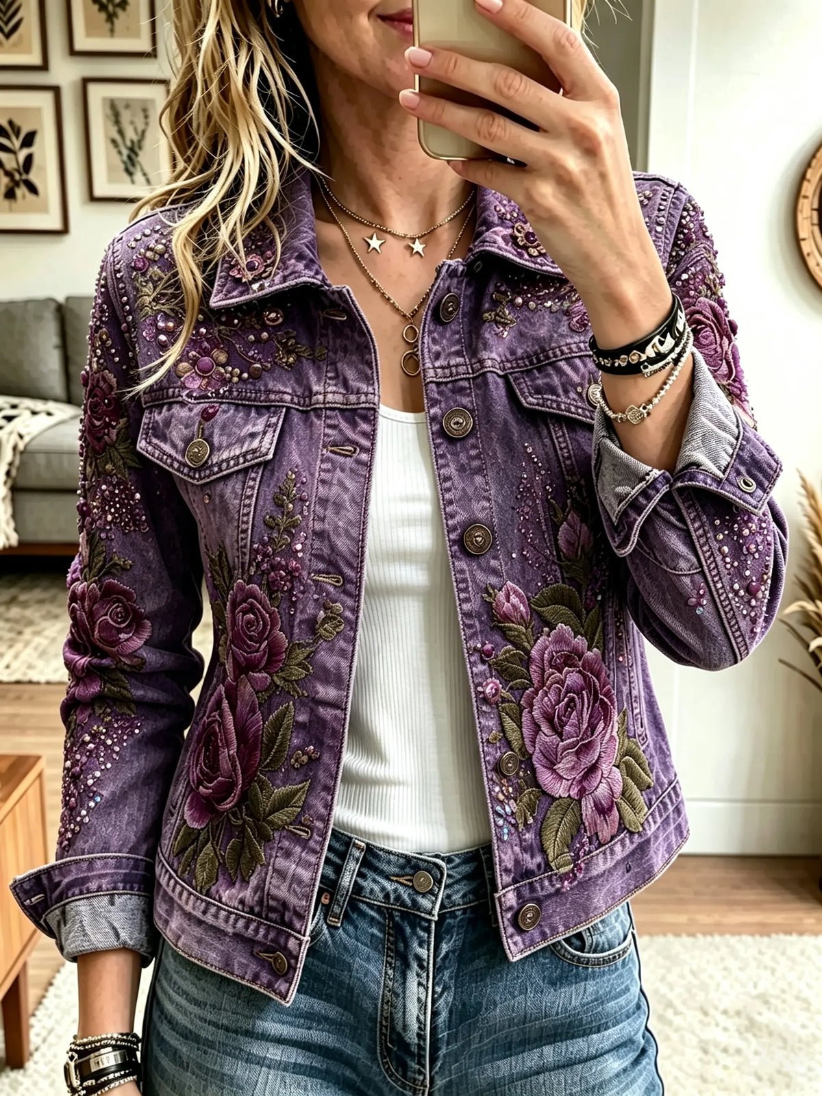 Women's 3D Floral Print Denim Jacket