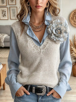 Women's 3D Floral Brooch V-Neck Knit Sweater Vest
