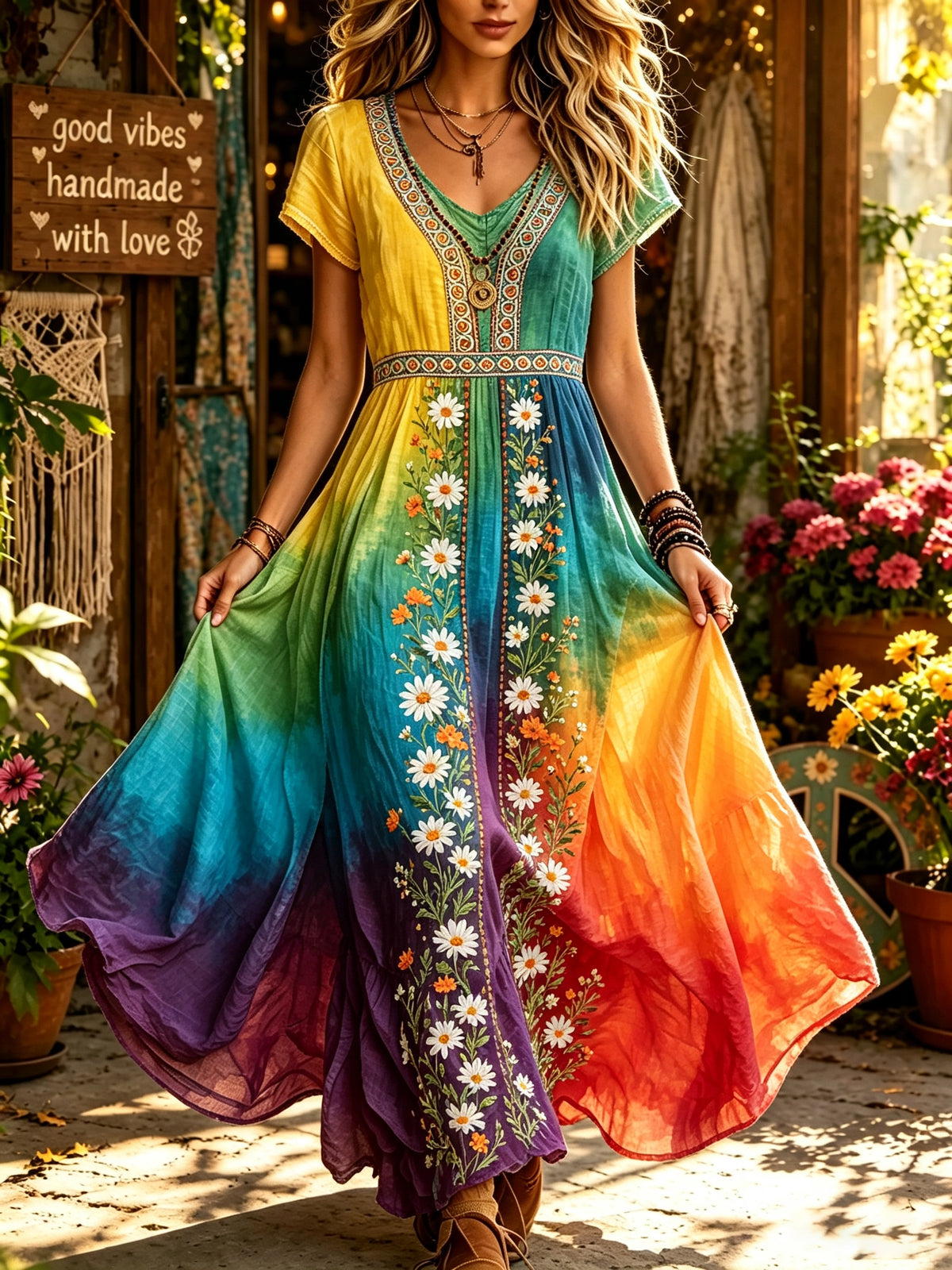Women's Rainbow Floral Print Maxi Dress