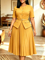 Women Burgundy Gold‑button Belted Pleated Midi Two‑piece Dress Set