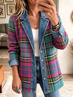 Women Lapel Button Bright Pink‑green Tartan Denim Spliced Blazer Jacket Outerwear