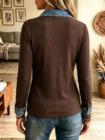 Women's Denim Contrast Trim Ribbed Henley Blouse