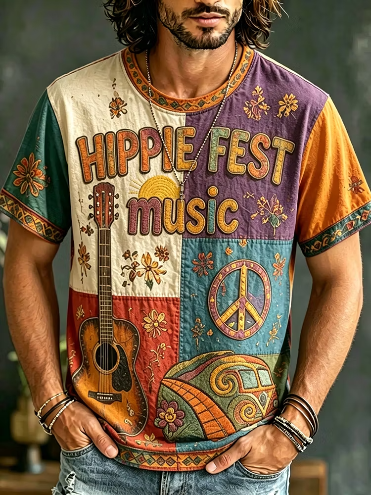 Men's Hippie Fest Guitar Print T-Shirt