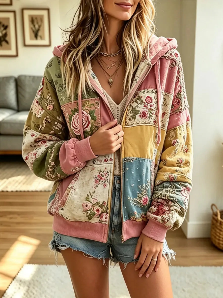 Retro Floral Patchwork Hooded Art Casual Stylish Long Sleeve Cotton Coat