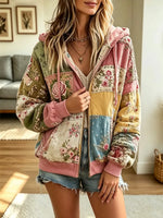 Retro Floral Patchwork Hooded Art Casual Stylish Long Sleeve Cotton Coat