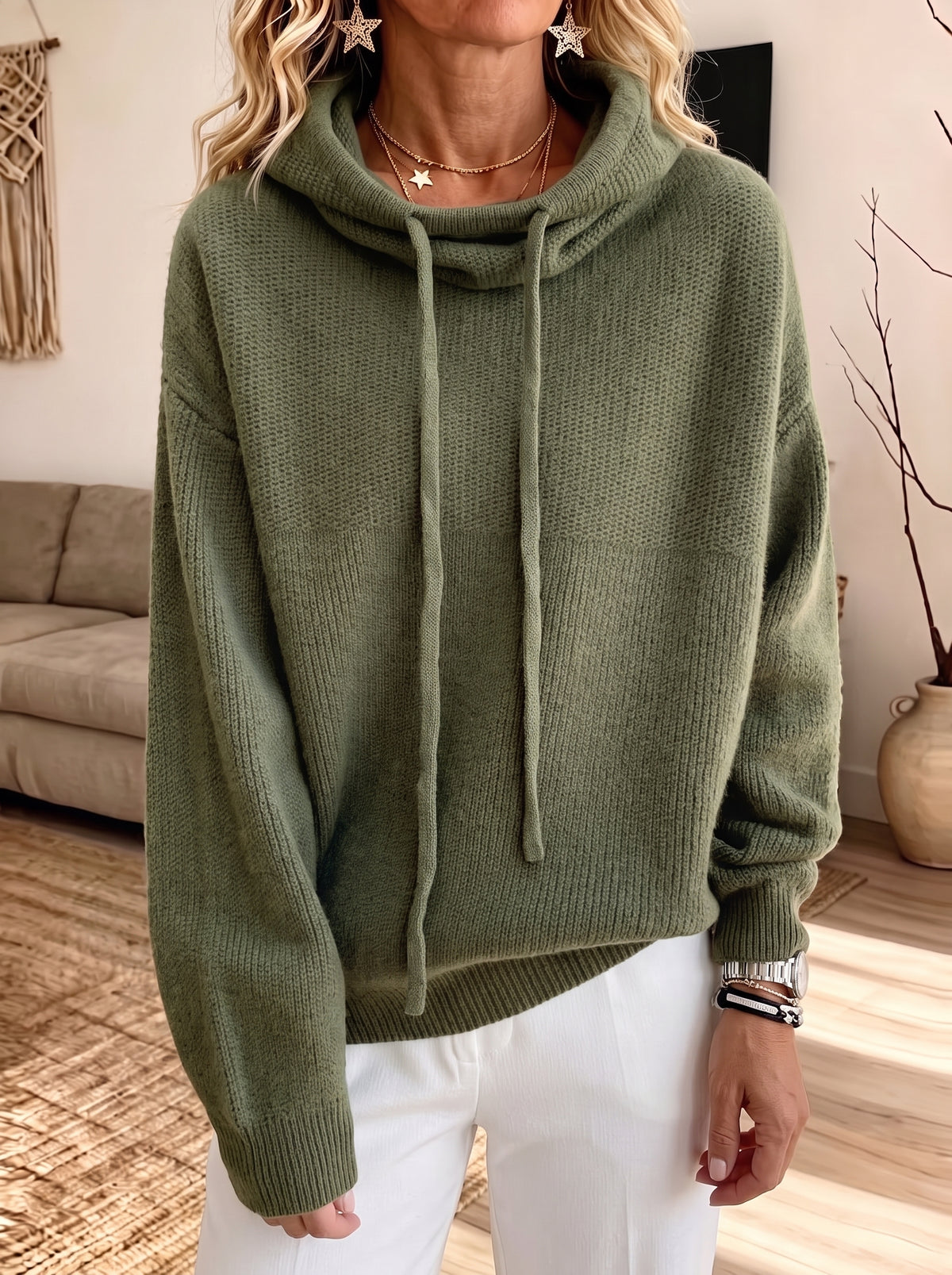 Drawstring Cowl Neck Waffle Knit Hooded Sweater Women Loose Pullover